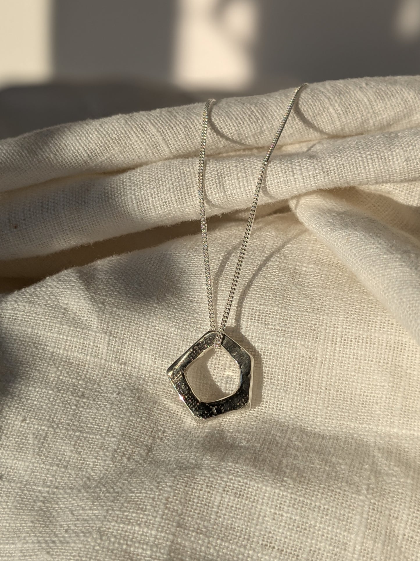 Linen Pentagon Silver Pendant Necklace