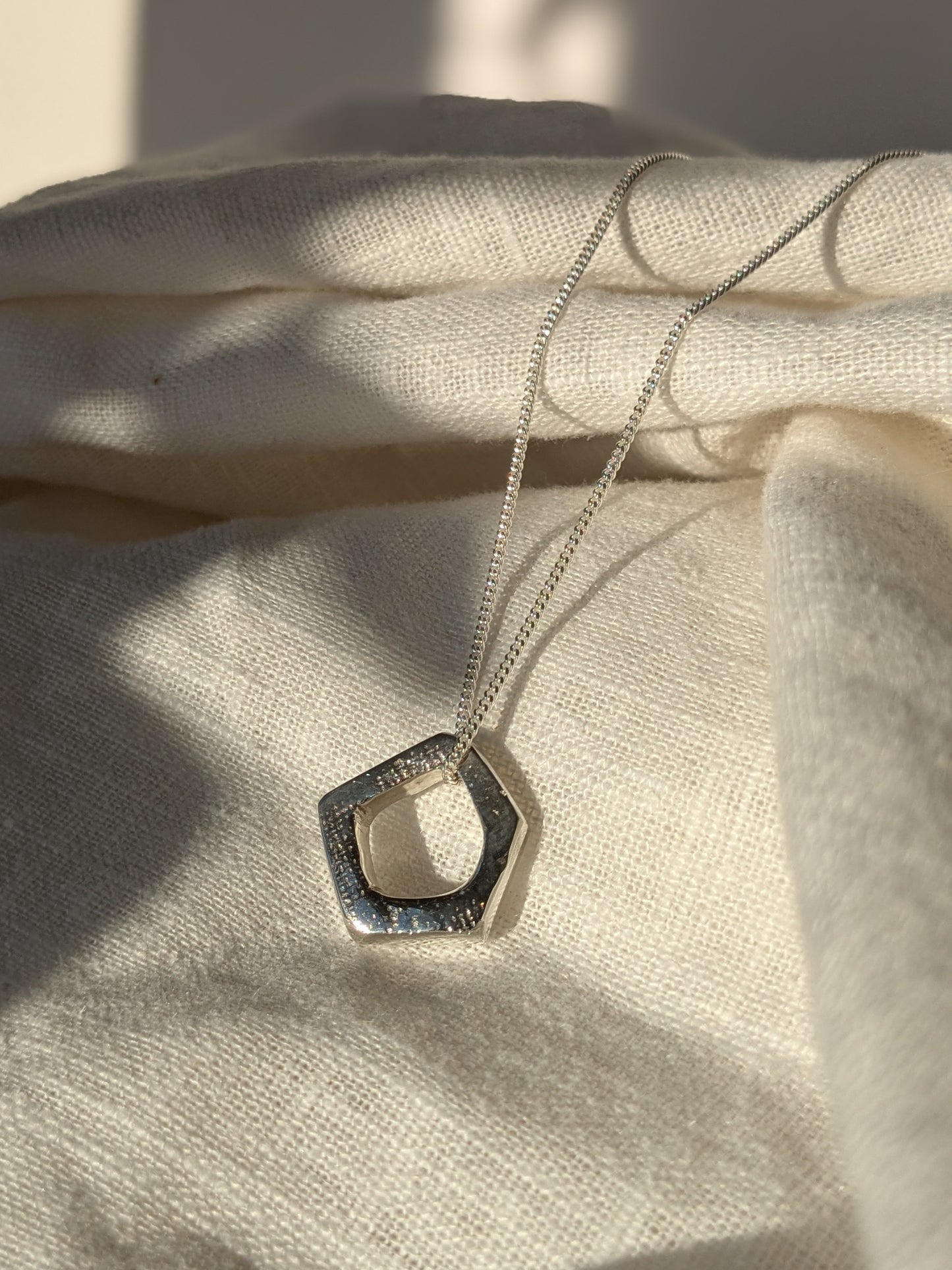 Linen Pentagon Silver Pendant Necklace