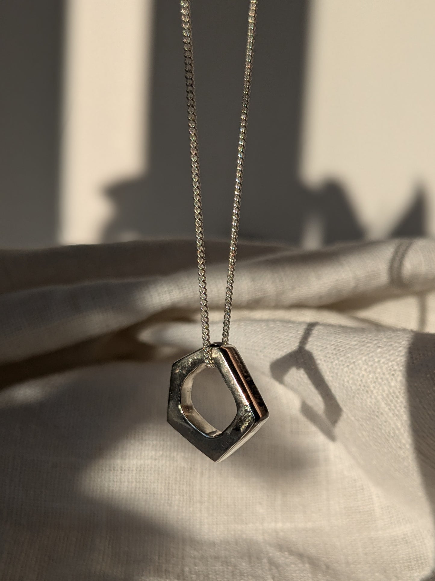 Linen Pentagon Silver Pendant Necklace