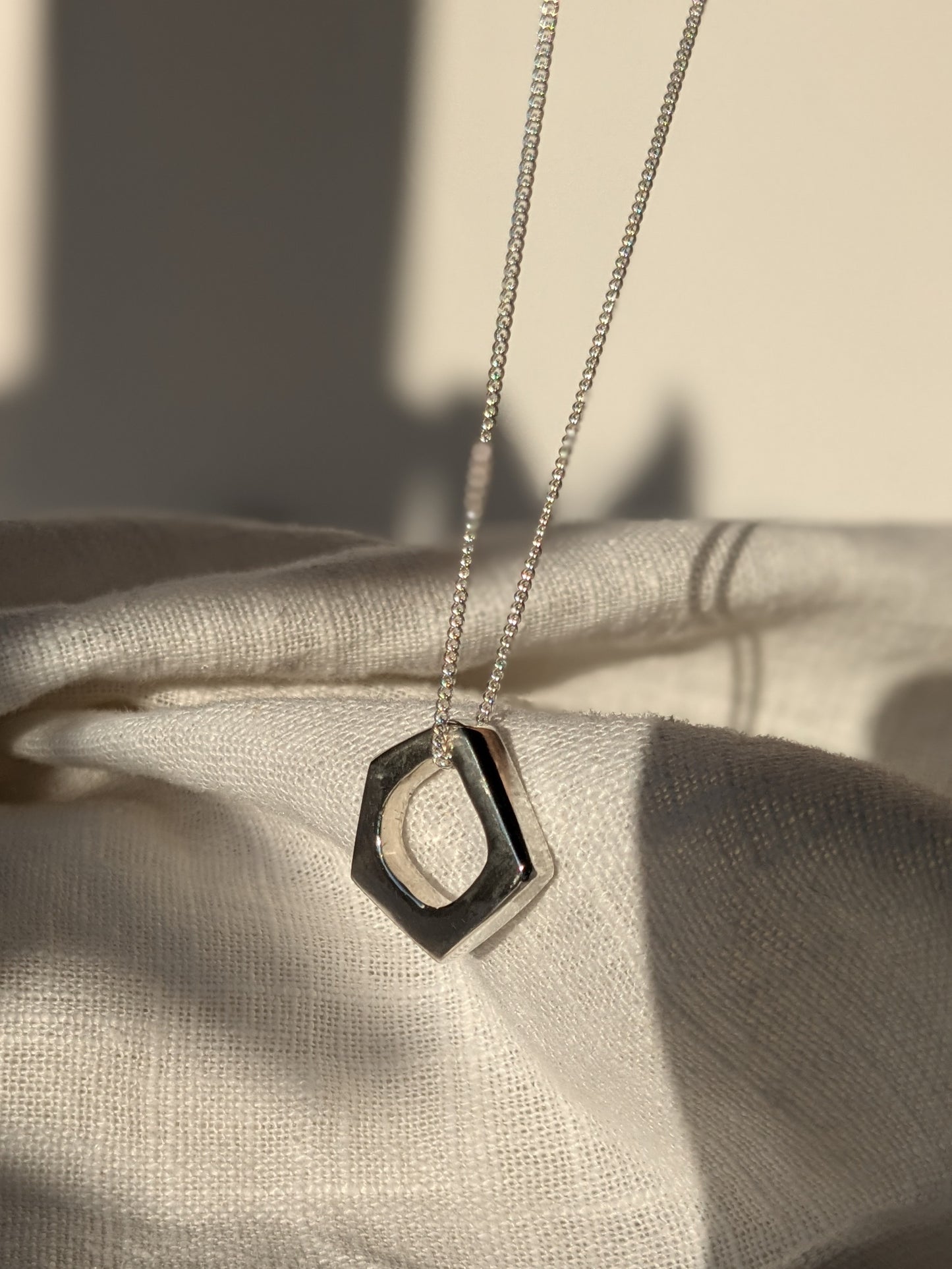 Linen Pentagon Silver Pendant Necklace