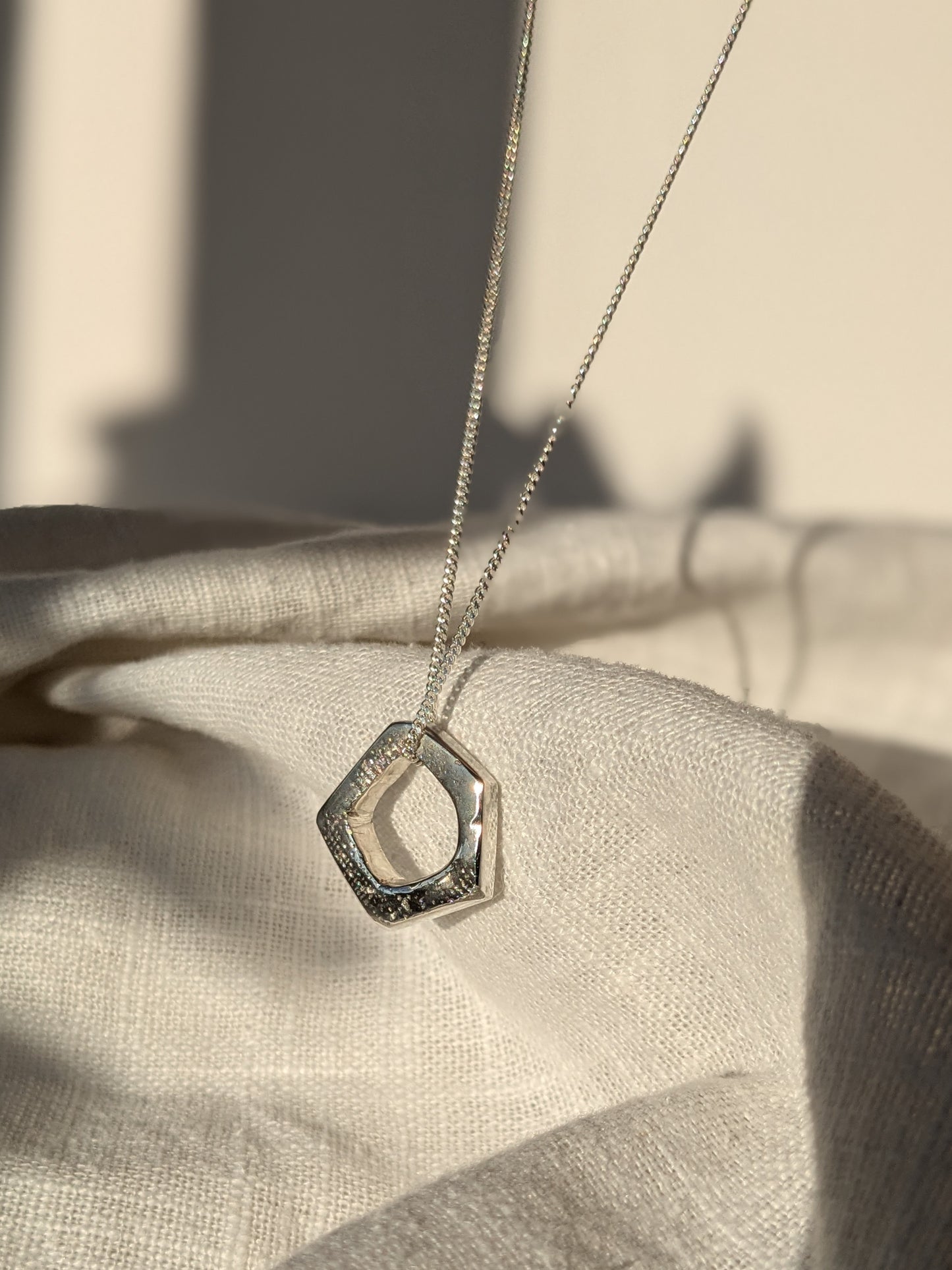 Linen Pentagon Silver Pendant Necklace