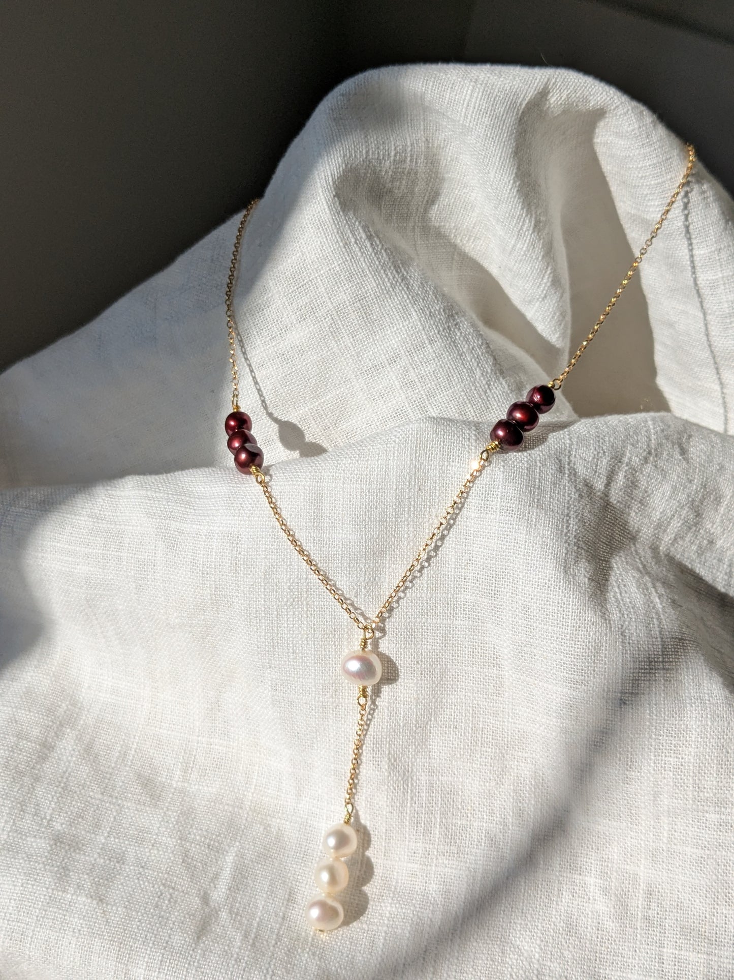 Reclaimed Pearl Lariat Necklace - Gold, Ivory & Deep Red