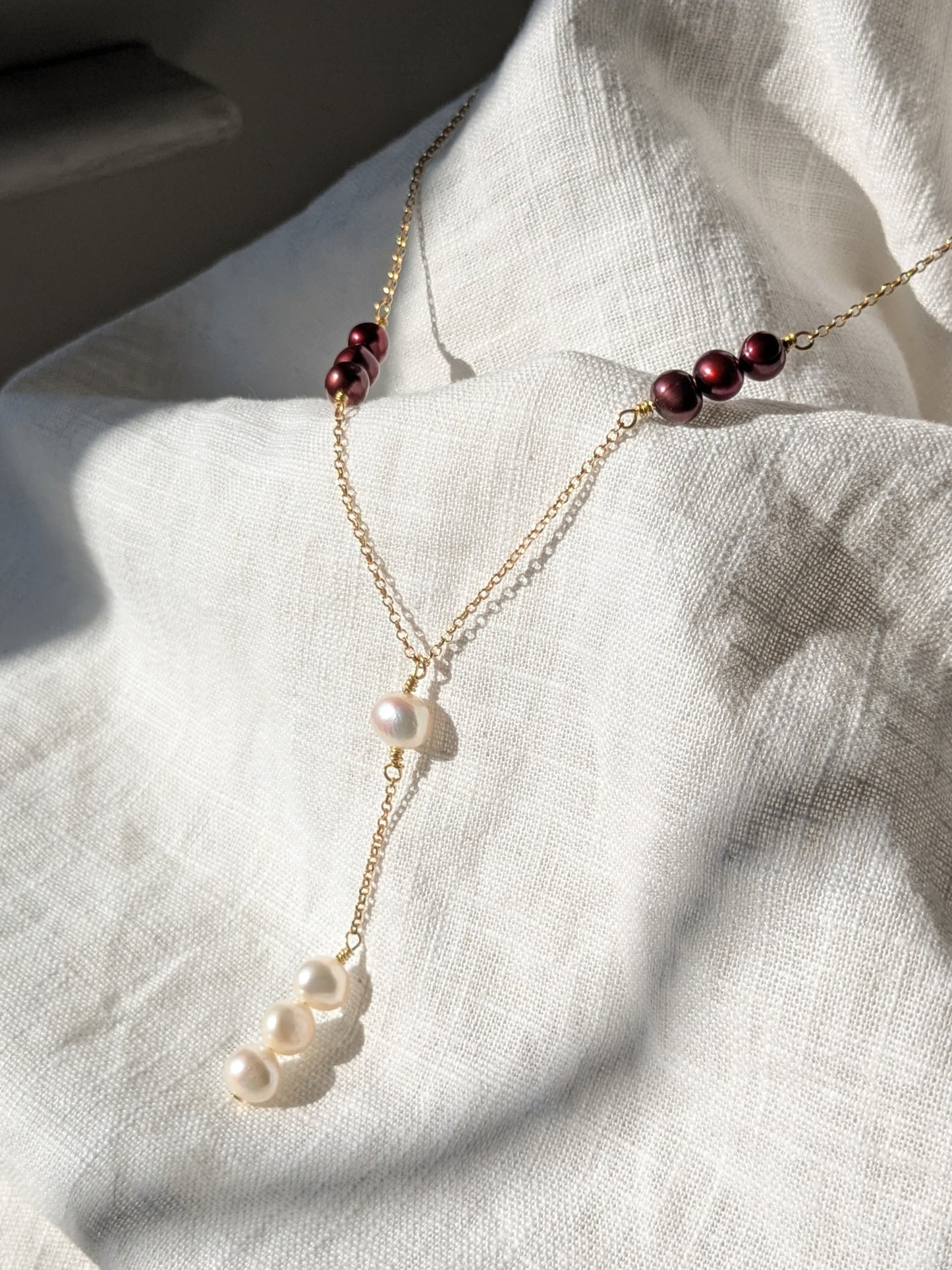 Reclaimed Pearl Lariat Necklace - Gold, Ivory & Deep Red