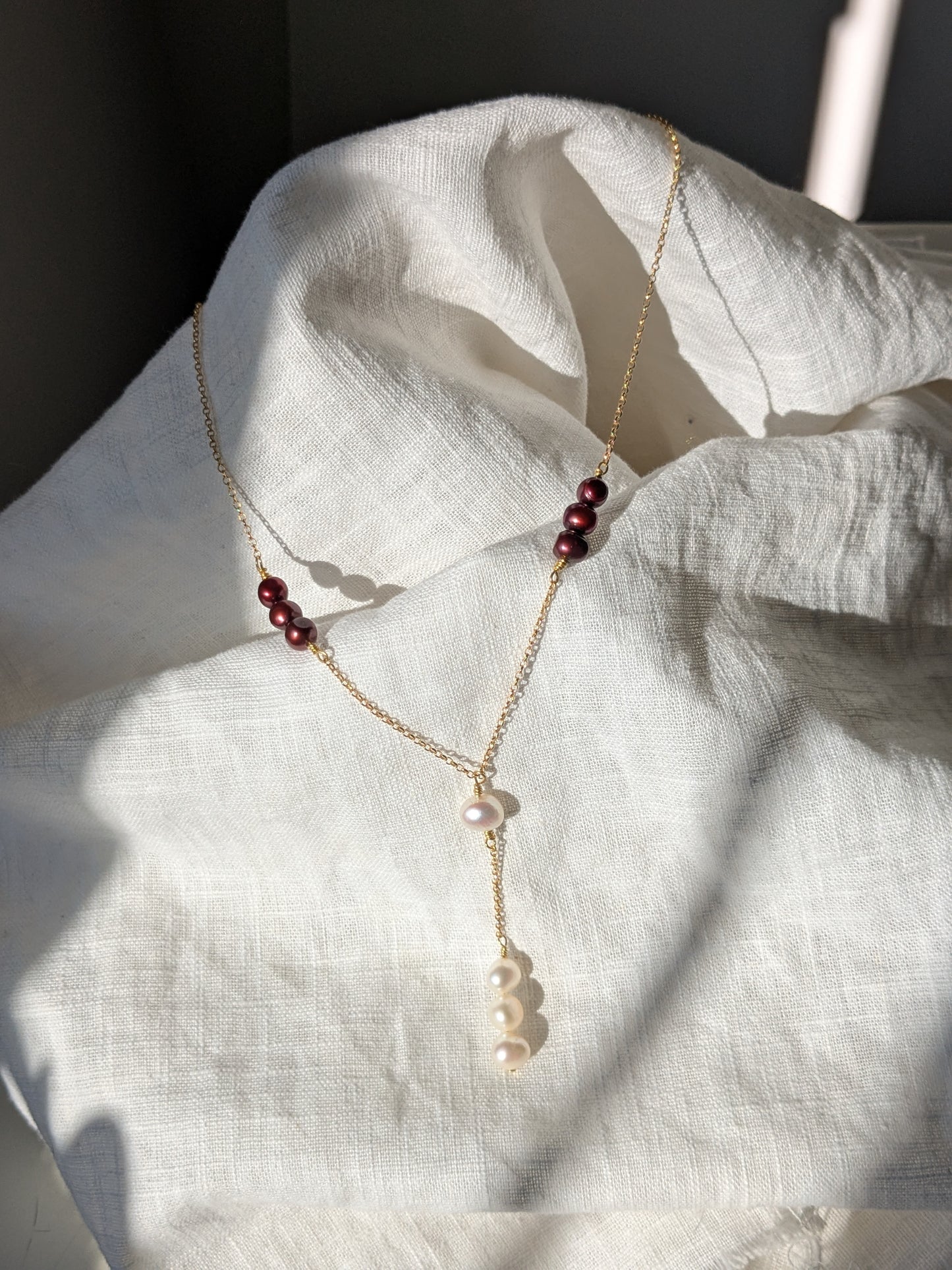 Reclaimed Pearl Lariat Necklace - Gold, Ivory & Deep Red