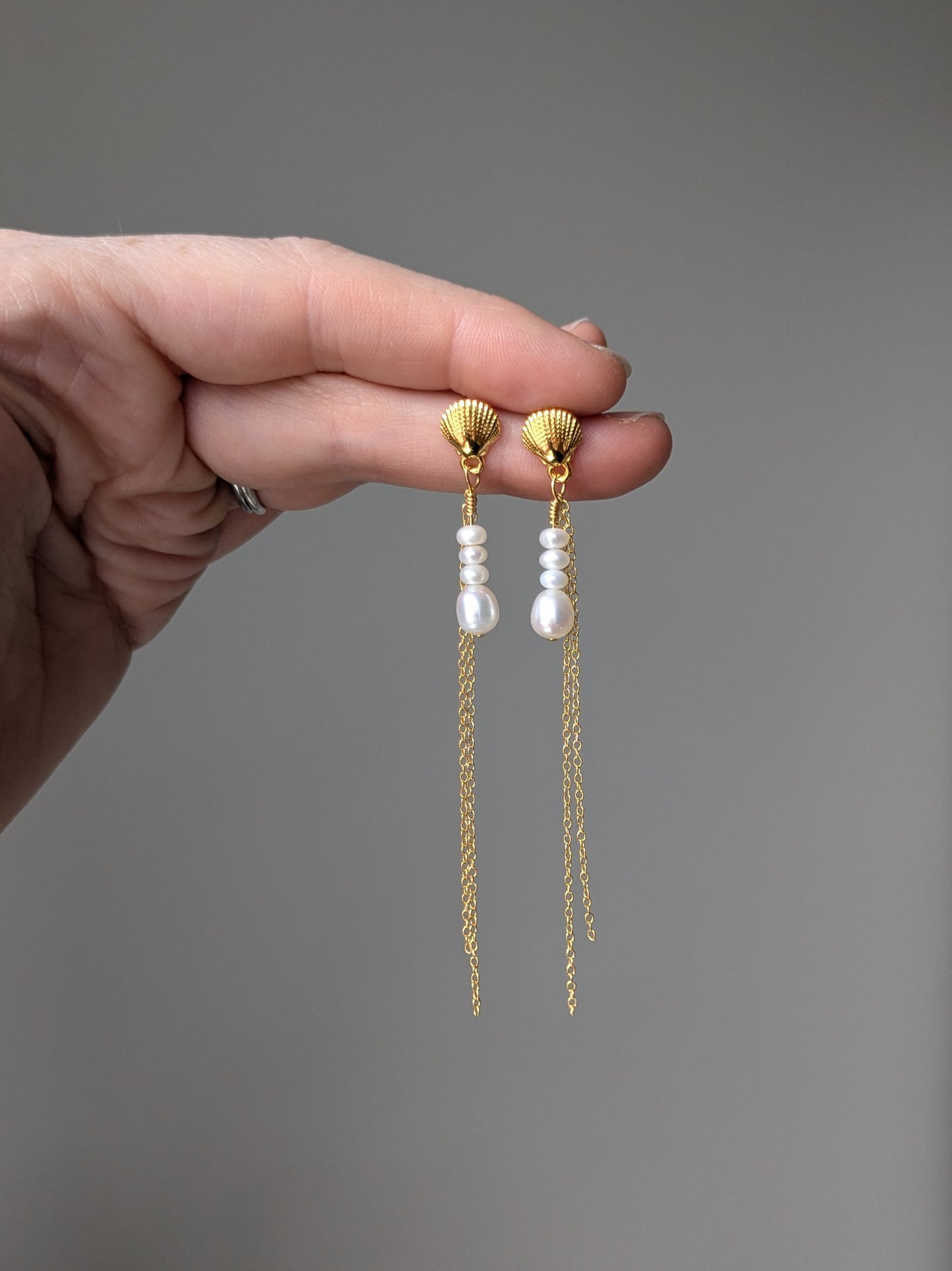 Sora Shell Pearl & Chain drop stud earrings