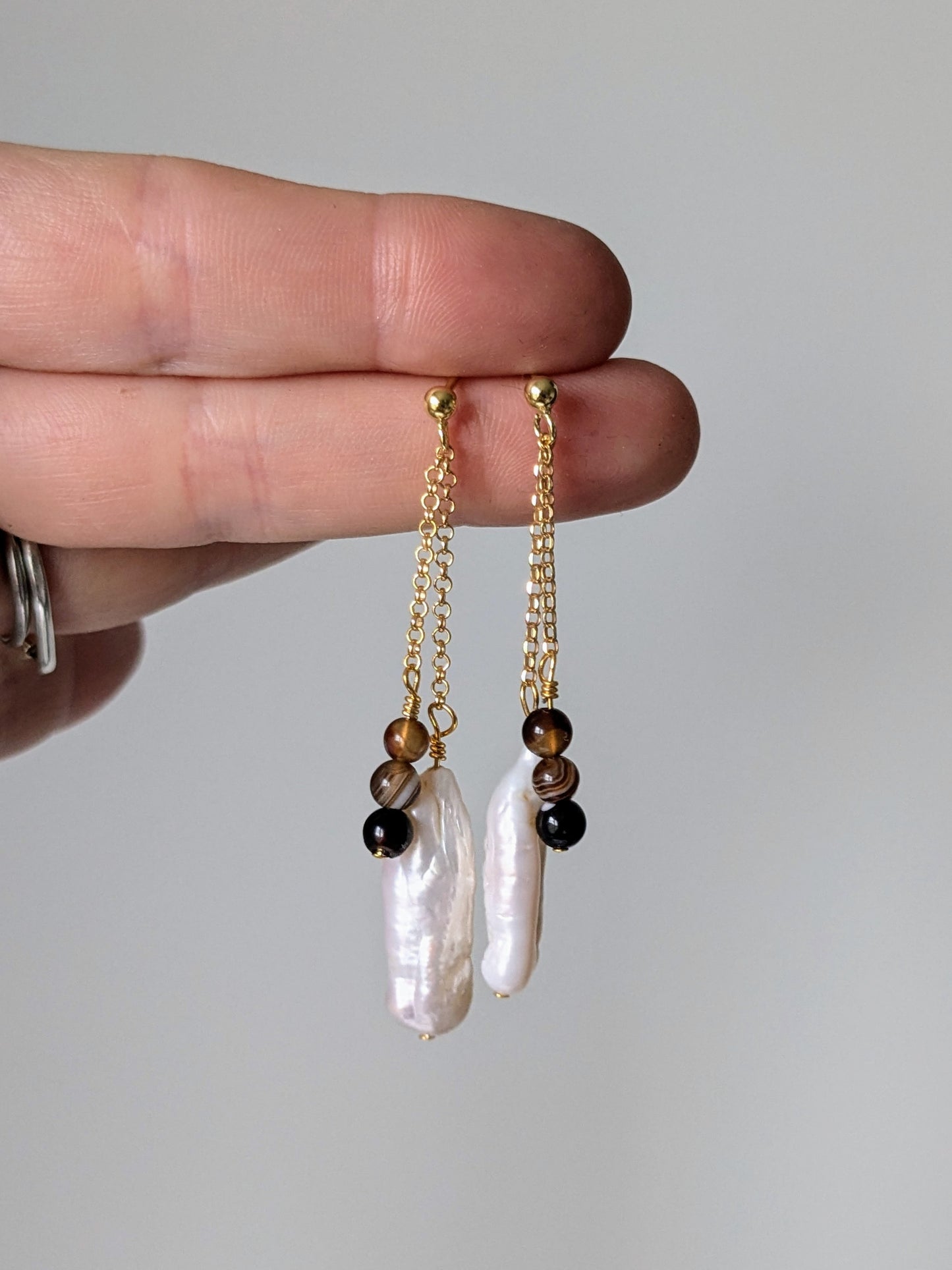 Freya - Agate & Pearl Chain Drop stud earrings