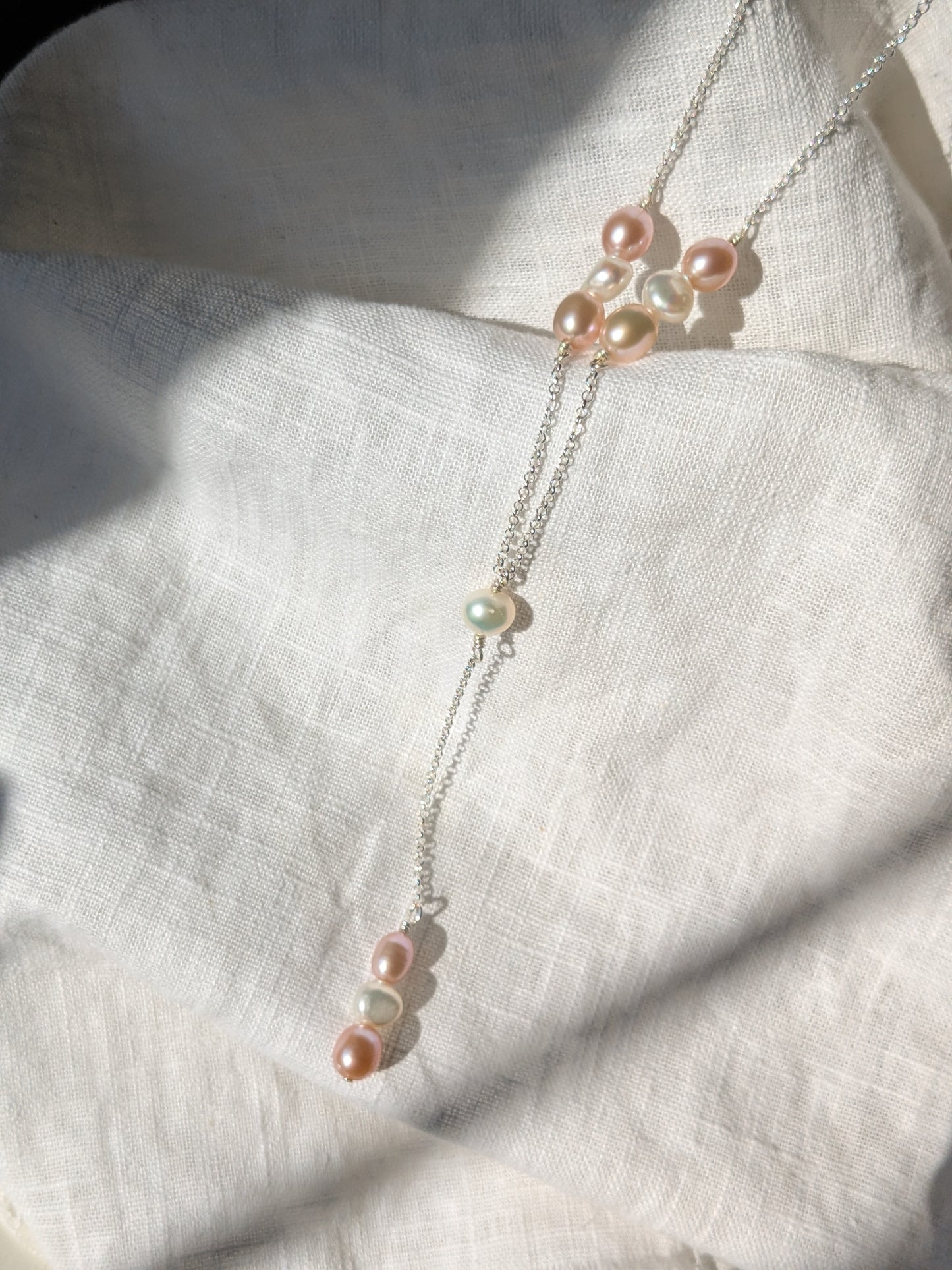 Reclaimed Pearl Lariat Necklace - Silver, Ivory & Pale Pink