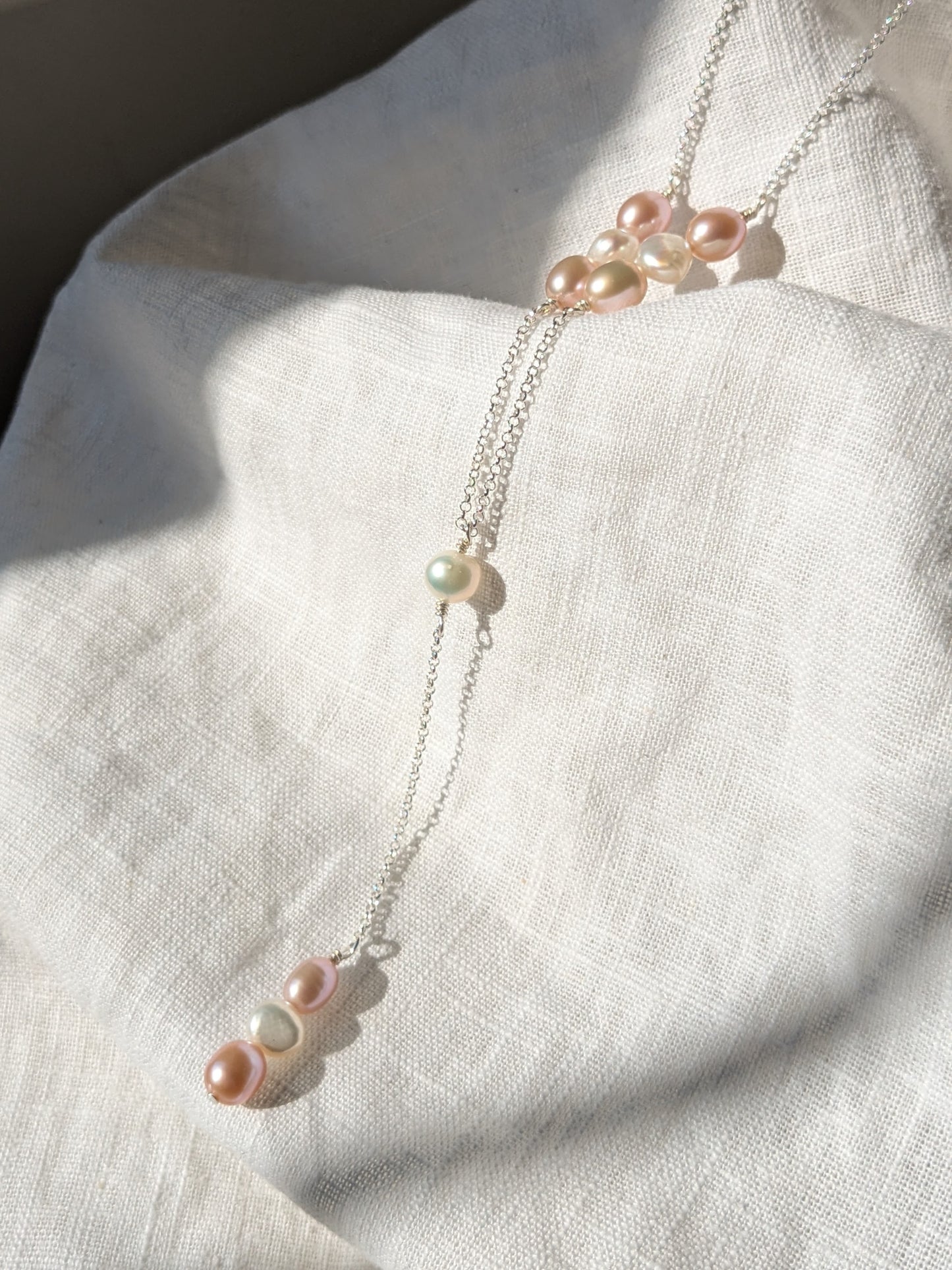 Reclaimed Pearl Lariat Necklace - Silver, Ivory & Pale Pink