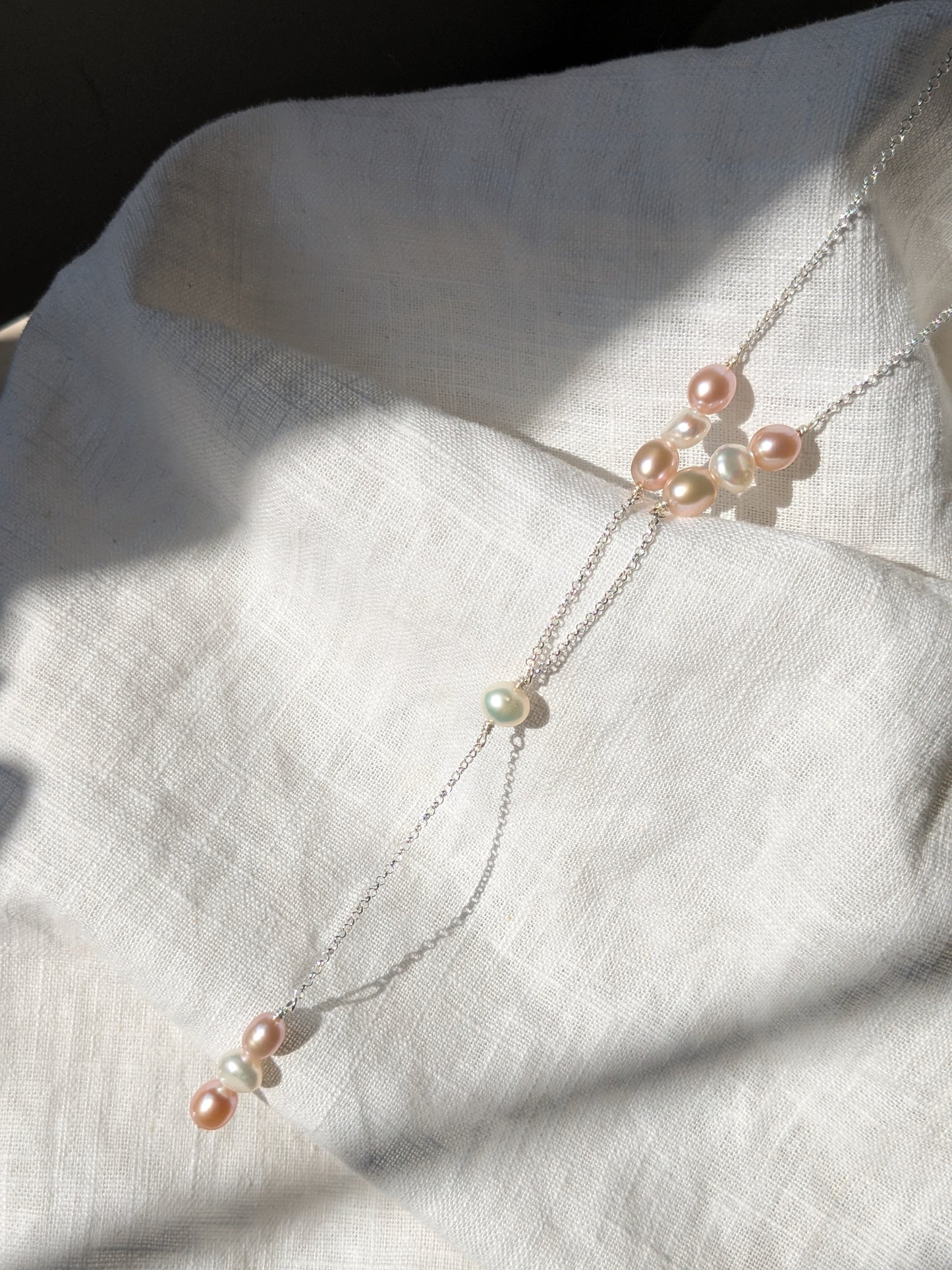 Reclaimed Pearl Lariat Necklace - Silver, Ivory & Pale Pink