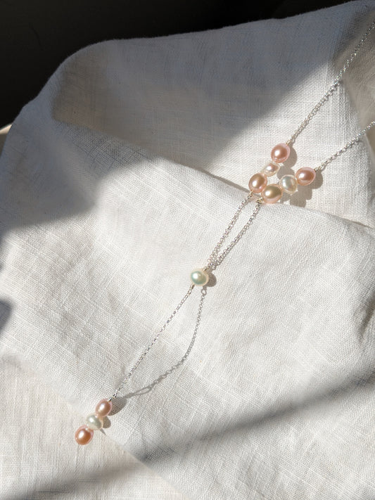 Reclaimed Pearl Lariat Necklace - Silver, Ivory & Pale Pink