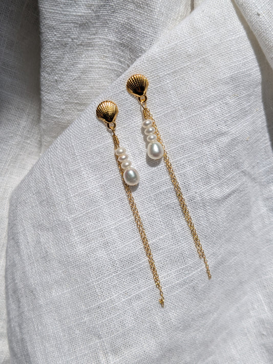 Sora Shell Pearl & Chain drop stud earrings