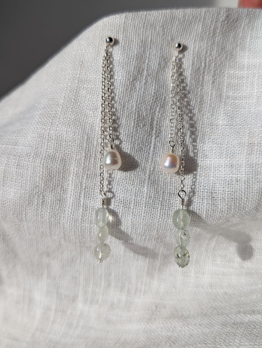 Moss Agate and Pearl Drop Chain studs